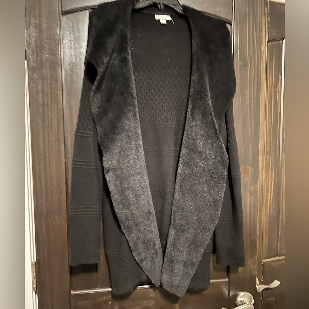 Cato, black cardigan with faux fur collar to hem, size XL